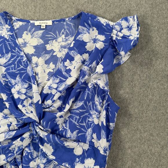 Pleione Blue Floral Flutter Sleeve Blouse Women's Medium V-Neck Drape Twist - Picture 4 of 10
